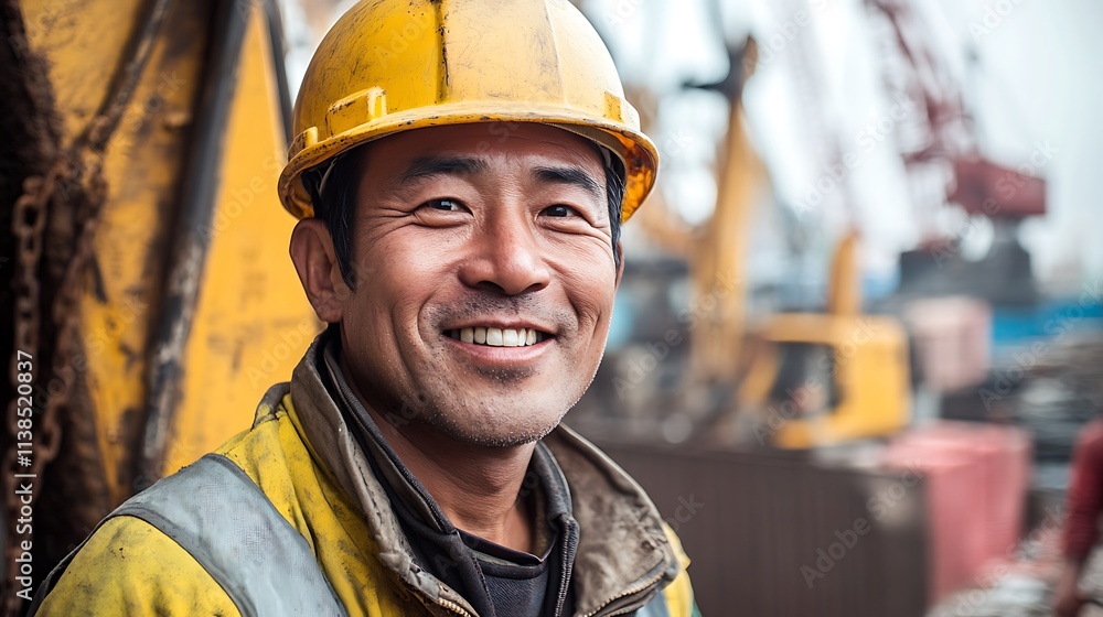 Smiling construction worker wearing hardhat at construction site Smiling construction worker wearing hardhat at construction site