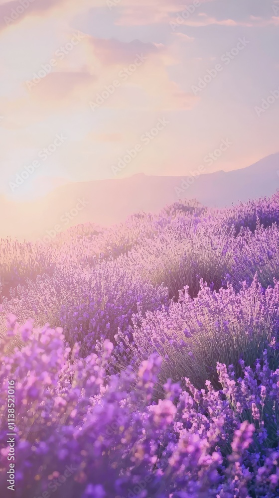 Beautiful Lavender Field at Sunset with Soft Purple Blooms and Warm Light Creating a Serene and Tranquil Landscape in Nature's Splendor