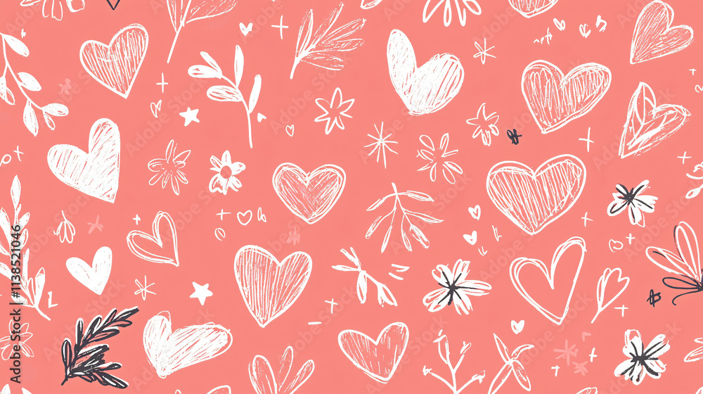 Fototapeta premium Adorable hand-drawn hearts and floral elements create a charming pastel pink pattern, perfect for Valentine's Day or any romantic occasion.
