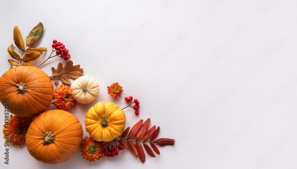Autumn Thanksgiving Flat Lay with Pumpkins, Colorful Leaves, Red Berries, and Copy Space. Perfect for Festive Fall Designs, Holiday Cards, Blog Headers, Seasonal Marketing or Invitations Autumn Thanksgiving Flat Lay with Pumpkins, Colorful Leaves, Red Berries, and Copy Space. Perfect for Festive Fall Designs, Holiday Cards, Blog Headers, Seasonal Marketing or Invitations