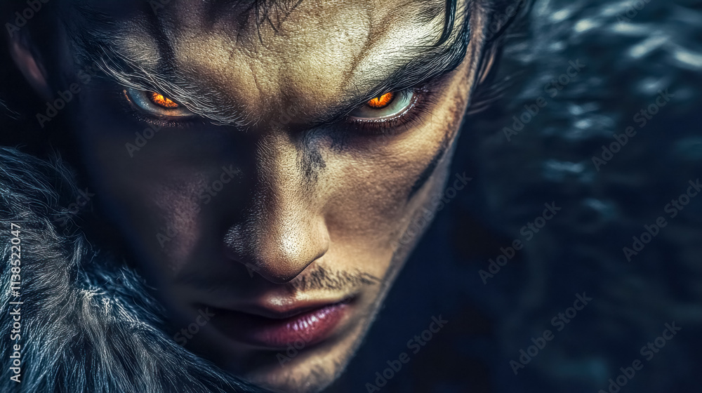 Man wearing fur with intense wolf like features and glowing eyes Man wearing fur with intense wolf like features and glowing eyes