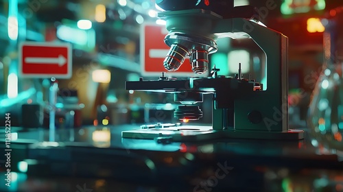 of a virus under a microscope, integrated with an image of warning signs, emphasizing the threat. | [virus]:[epidemic] 