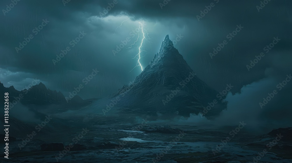 Dramatic Thunderstorm Over Majestic Mountain Peak Illuminated by Lightning Amidst Dark, Brooding Storm Clouds and Mysterious Landscape at Dusk Dramatic Thunderstorm Over Majestic Mountain Peak Illuminated by Lightning Amidst Dark, Brooding Storm Clouds and Mysterious Landscape at Dusk