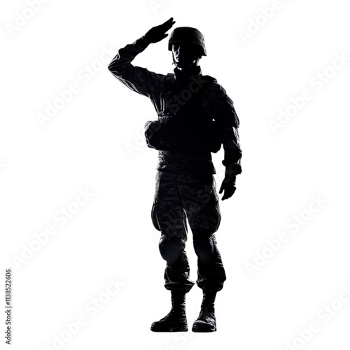 A silhouette of a soldier saluting, symbolizing military honor or patriotism, isolated on a transparent background.