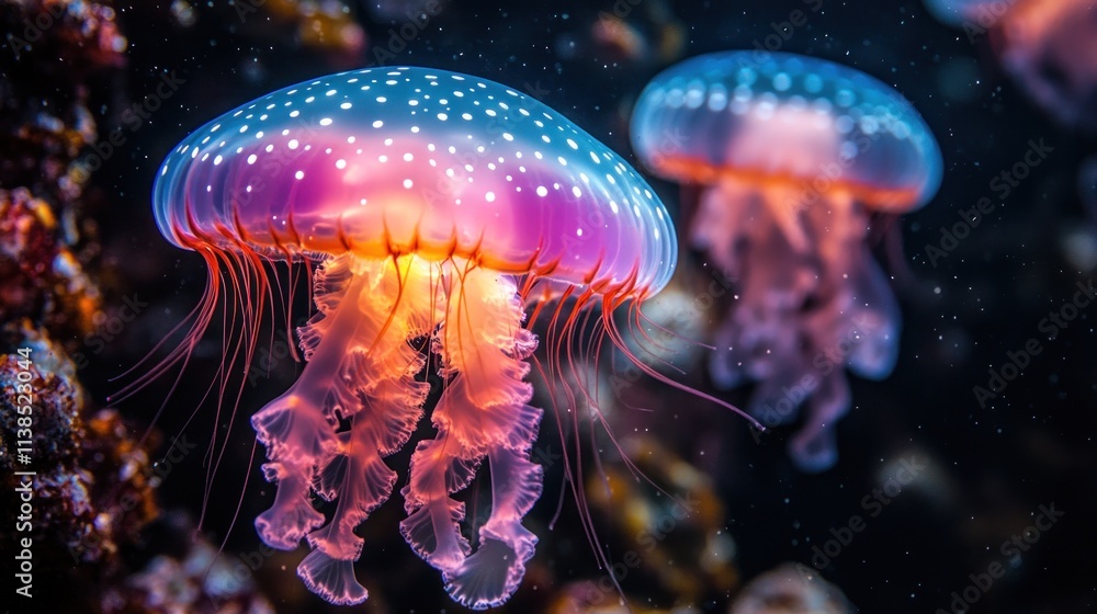 Fototapeta premium Two vibrant jellyfish illuminated in a dark underwater scene.