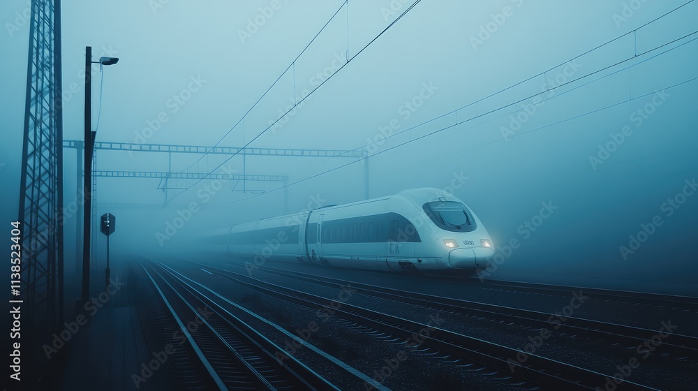 Naklejka premium A high-speed train gliding through a foggy morning, with the mist creating an ethereal effect as the train races along the track