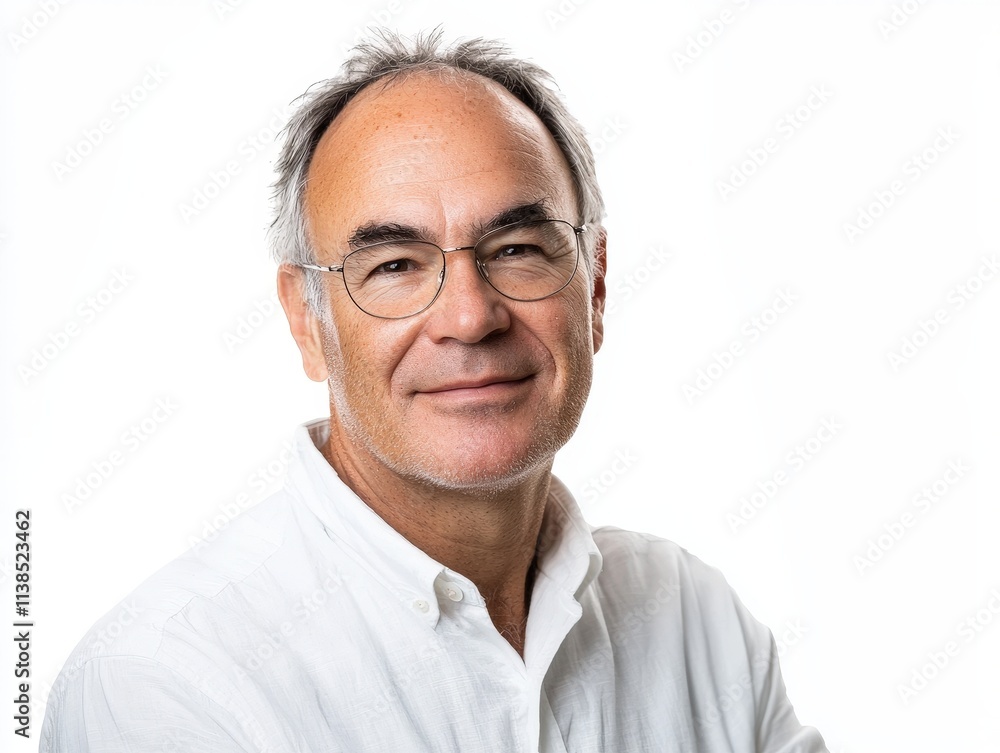 Portrait of a Smiling Elderly Caucasian Man with Glasses and Grey Hair in White Shirt, Exuding Wisdom, Confidence, and a Calm, Sophisticated Presence Portrait of a Smiling Elderly Caucasian Man with Glasses and Grey Hair in White Shirt, Exuding Wisdom, Confidence, and a Calm, Sophisticated Presence