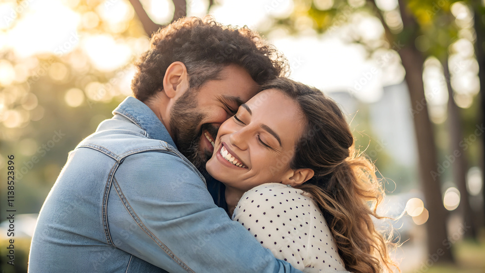 Close-up of couple hugging tightly outdoors, joyful expressions in warm light, cozy and loving atmosphere with soft-focus tree background Close-up of couple hugging tightly outdoors, joyful expressions in warm light, cozy and loving atmosphere with soft-focus tree background