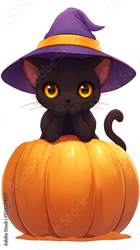 A cute black cat with big eyes wearing a witch's hat, sitting on a pumpkin.