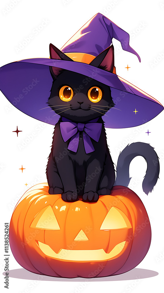 A cute black cat wearing a witch's hat sits on a carved pumpkin, celebrating Halloween. A cute black cat wearing a witch's hat sits on a carved pumpkin, celebrating Halloween.