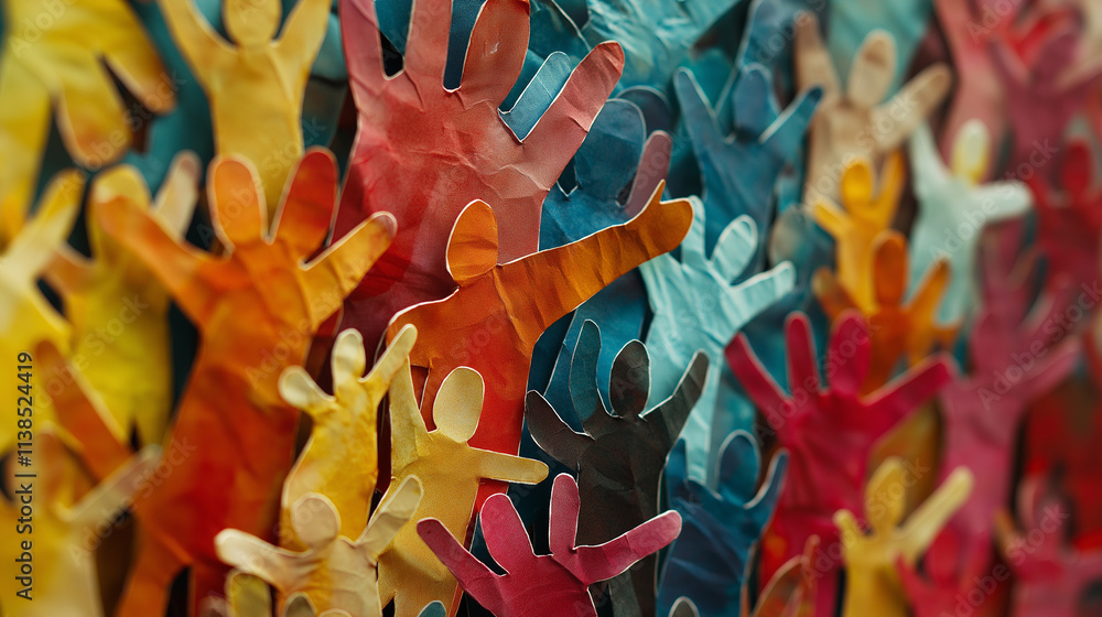 Fototapeta premium An array of colorful paper cutout figures representing unity and diversity, showcasing a blend of cultures and humanity, reflecting the importance of community and togetherness.