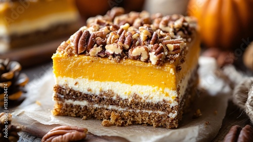 Wallpaper Mural A close up of pumpkin crunch cake slice with a crunchy pecan topping, surrounded by rustic autumn decorations Torontodigital.ca