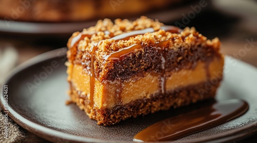 Wallpaper Mural A close up of pumpkin crunch cake slice with caramel drizzle, served on a rustic stoneware plate with soft lighting Torontodigital.ca