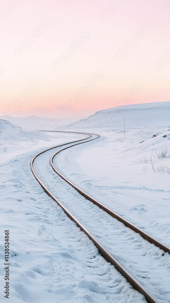 Serene Winter Scene with Curving Train Tracks in Snowy Landscape at Dawn Featuring Soft Pastel Sky Colors and Snow-Covered Terrain Highlighting the Beauty of Winter Serene Winter Scene with Curving Train Tracks in Snowy Landscape at Dawn Featuring Soft Pastel Sky Colors and Snow-Covered Terrain Highlighting the Beauty of Winter