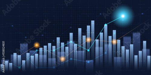 Business financial graph with uptrend line and bar chart of stock market on blue color background
