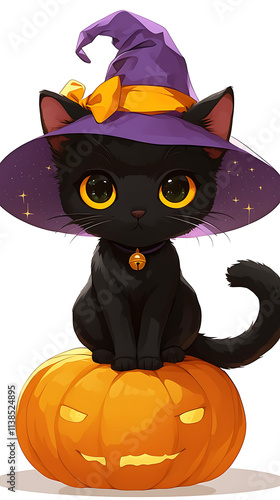 A cute black cat wearing a witch's hat sits on a carved pumpkin, embodying a Halloween theme.