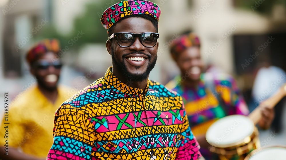 Obraz premium Black history month, Happy African Man in Colorful Shirt Sunglasses Hat at a Parade