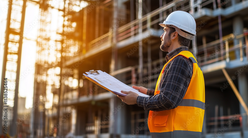 A man in a yellow vest is holding a clipboard A man in a yellow vest is holding a clipboard