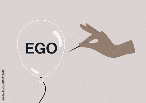 A hand delicately pierces a balloon labeled ego, symbolizing the fragility of self-importance in a serene and minimalistic setting that evokes thought and reflection