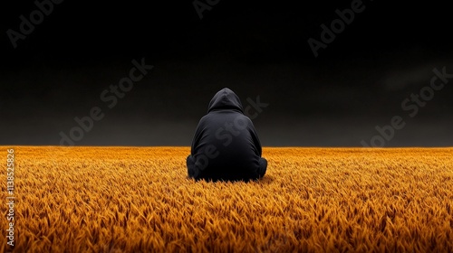 Solitude in the Golden Field: A lone figure, shrouded in a dark hoodie, sits amidst a vast expanse of ripe wheat, under a brooding, dark sky. The image evokes feelings of contemplation, introspection. photo