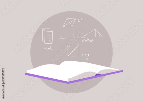 Engaging with a math textbook that highlights key geometric shapes and formulas, encouraging deep understanding of mathematical principles in an inspiring setting