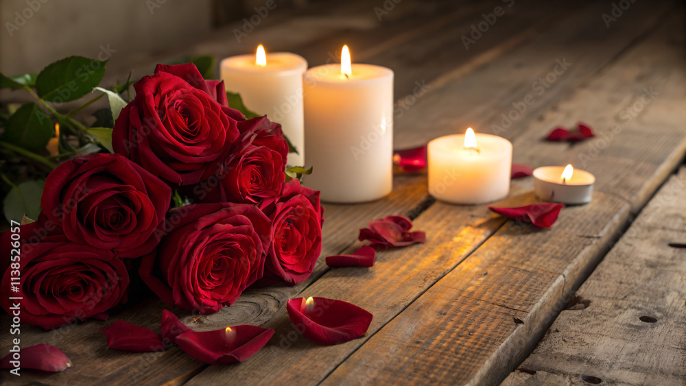 Close-up of red roses and lit candles on rustic wooden table, romantic and intimate atmosphere Close-up of red roses and lit candles on rustic wooden table, romantic and intimate atmosphere