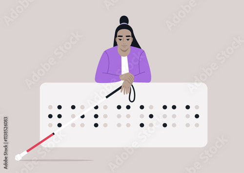 A young person rests their arms on a large Braille welcome sign, holding a white and red cane, This scene highlights the importance of accessibility and inclusion for everyone