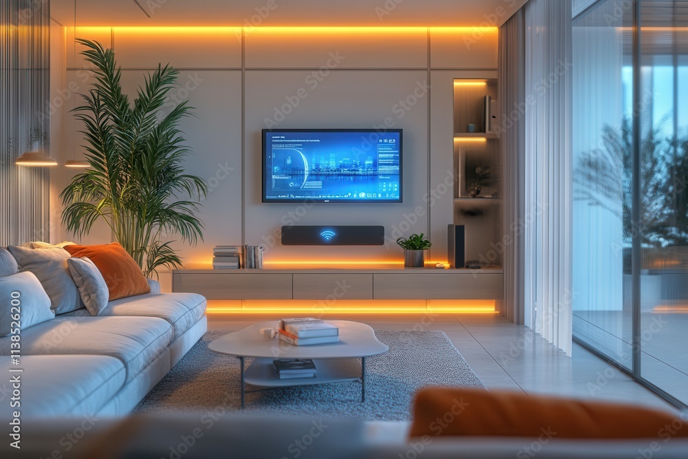 Modern living room with smart tv and ambient lighting in contemporary home. Modern living room with smart tv and ambient lighting in contemporary home.