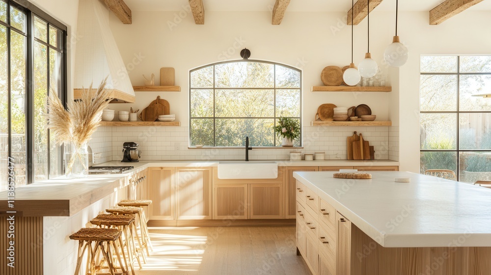 Bright modern farmhouse kitchen with natural wood and white accents. Bright modern farmhouse kitchen with natural wood and white accents.