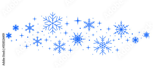 Blue snowflakes in simple vector line art style fall gracefully on a white background. Minimalist winter clipart perfect for festive and seasonal designs.