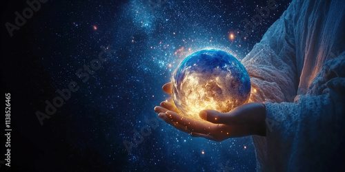 Planet Earth in God's Hands, Concept of World Creation Banner with Copy Space photo