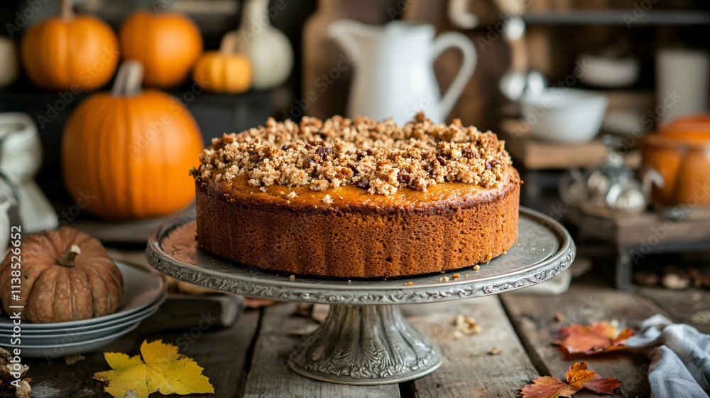 Pumpkin crunch cake with crunchy topping, placed on a vintage platter with a rustic kitchen setup in the background Pumpkin crunch cake with crunchy topping, placed on a vintage platter with a rustic kitchen setup in the background