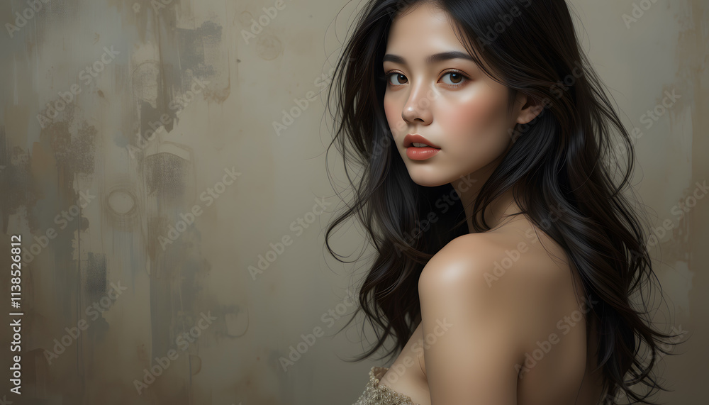 A portrait of a young woman with a side profile. She has dark, wavy hair that cascades down her back, and her skin appears smooth with a soft glow A portrait of a young woman with a side profile. She has dark, wavy hair that cascades down her back, and her skin appears smooth with a soft glow