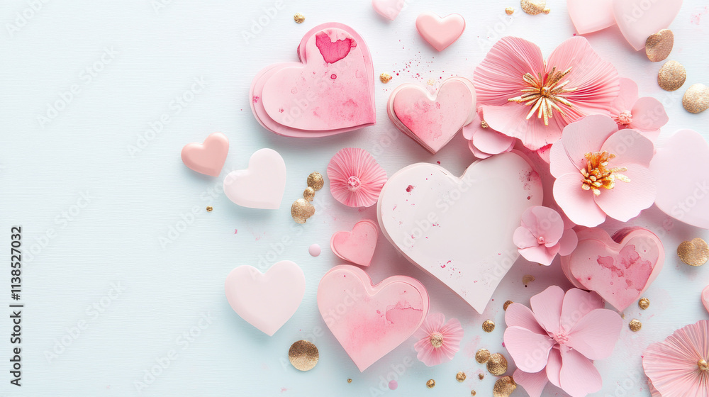 An elegant arrangement of pastel pink hearts, delicate paper flowers, symbolizing romance, depth, and Valentine's Day. An elegant arrangement of pastel pink hearts, delicate paper flowers, symbolizing romance, depth, and Valentine's Day.