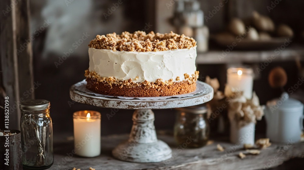 Rustic presentation of pumpkin crunch cake on a distressed cake stand, surrounded by vintage jars and candles Rustic presentation of pumpkin crunch cake on a distressed cake stand, surrounded by vintage jars and candles
