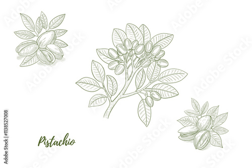 Vector pistachio plant with nuts and flowers line art illustration, graphic line combination. Pistachio nuts. Pistachio branch. Great for any designs, textile, art, walls, package