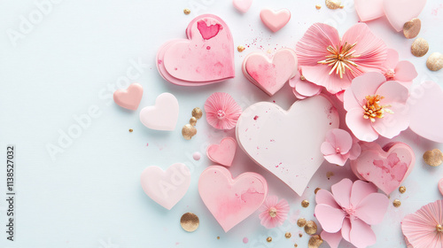 An elegant arrangement of pastel pink hearts, delicate paper flowers, symbolizing romance, depth, and Valentine's Day.