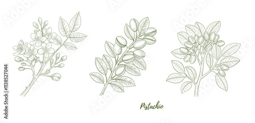 Vector pistachio plant with nuts and flowers line art illustration, graphic line combination. Pistachio nuts. Pistachio branch. Great for any designs, textile, art, walls, package