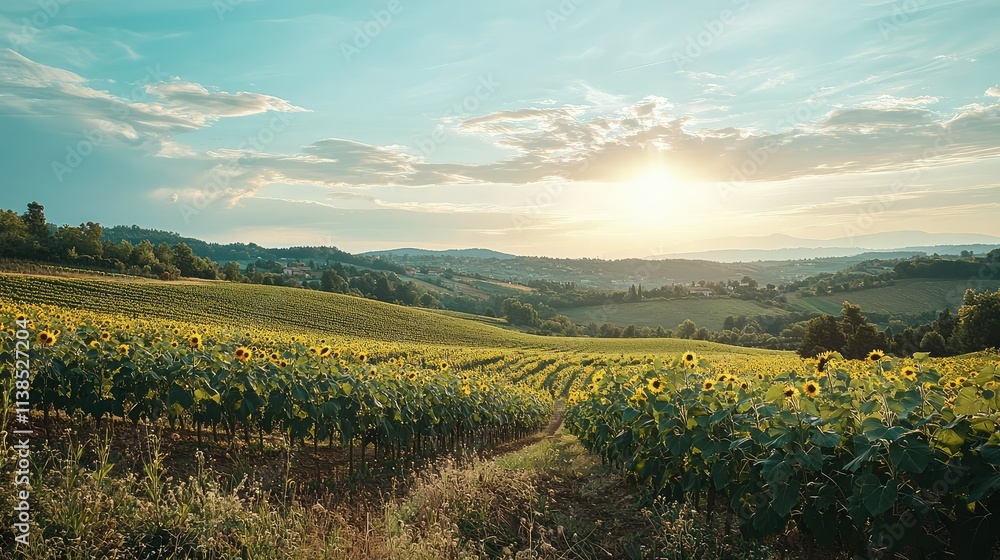 Fototapeta premium Breathtaking Sunset Over Sunflower Field and Rolling Hills in a Serene Landscape of Countryside, Perfect for Nature Lovers and Scenic Photography