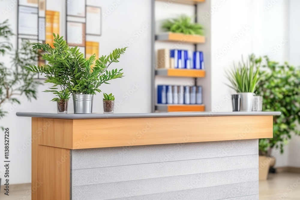 A sleek reception desk features a minimalist design with a built in shelf. Placed against a clean white background, it creates a welcoming atmosphere with potted plants enhancing the stylish decor. A sleek reception desk features a minimalist design with a built in shelf. Placed against a clean white background, it creates a welcoming atmosphere with potted plants enhancing the stylish decor.