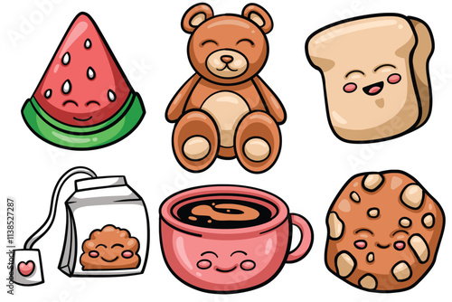 Set of Hand drawn kawaii element. collection of watermelon, teddy bear, bread, tea bag, coffee, cookies Isolated Vector