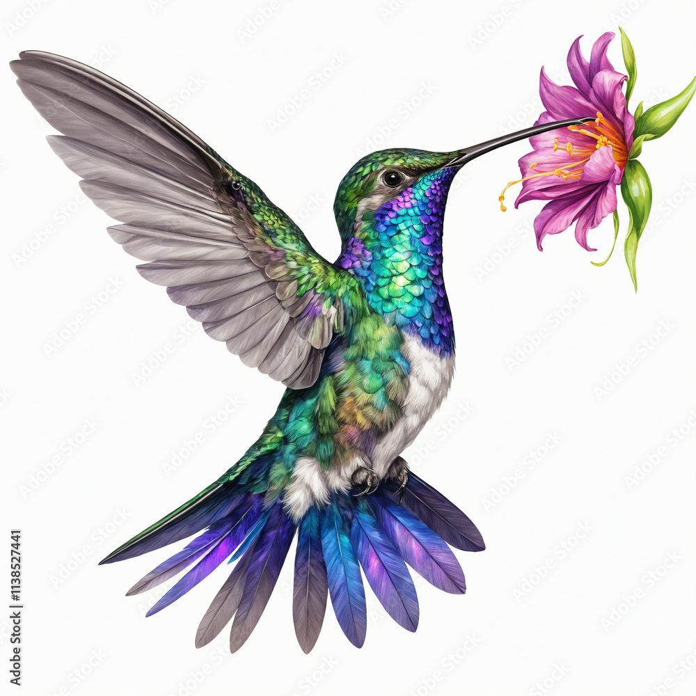 Obraz premium A vibrant hummingbird with iridescent green and purple plumage, hovering in mid-air with its beak in a pink flower.