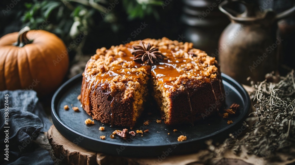 Rustic serving of pumpkin crunch cake with caramel drizzle, surrounded by dried herbs and soft lighting Rustic serving of pumpkin crunch cake with caramel drizzle, surrounded by dried herbs and soft lighting