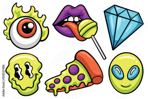 Set of Hand drawn acid rave element. collection of fire eye, lollipop lips, diamond, smiley face, pizza, alien Isolated Vector
