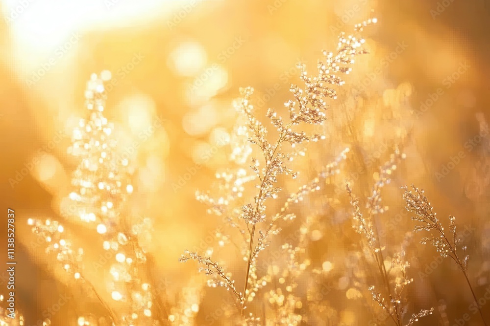Golden sunlight illuminating dew-covered grasses in tranquil nature scene. Golden sunlight illuminating dew-covered grasses in tranquil nature scene.