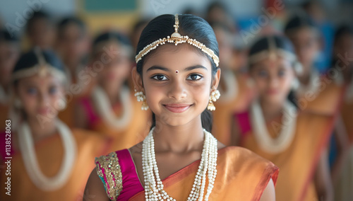 A young girl stands with students in an elementary school dance studio photo