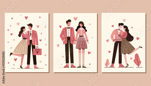 set with cute romantic couple on the beige background in minimalist style. vector art with group of couples of lovers