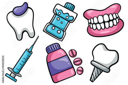 Set of Hand drawn dental element. collection of tooth, teeth generic, syringe, medicine bottle, implanted teeth Isolated Vector