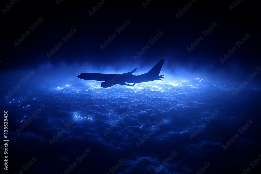 Obraz premium A silhouette of an airplane flying above stormy clouds at night, a dramatic journey.
