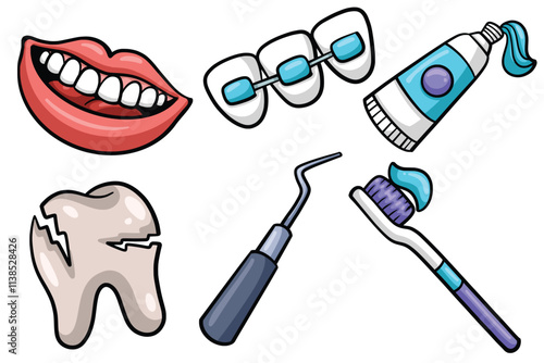 Set of Hand drawn dental element. collection of mouth, tooth braces, toothpaste, broken tooth, dental probe, toothbrush Isolated Vector